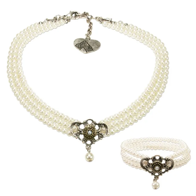 Alpenflüstern SET035 Hedwig Trachtenset Perlenkette Creme-weiß
