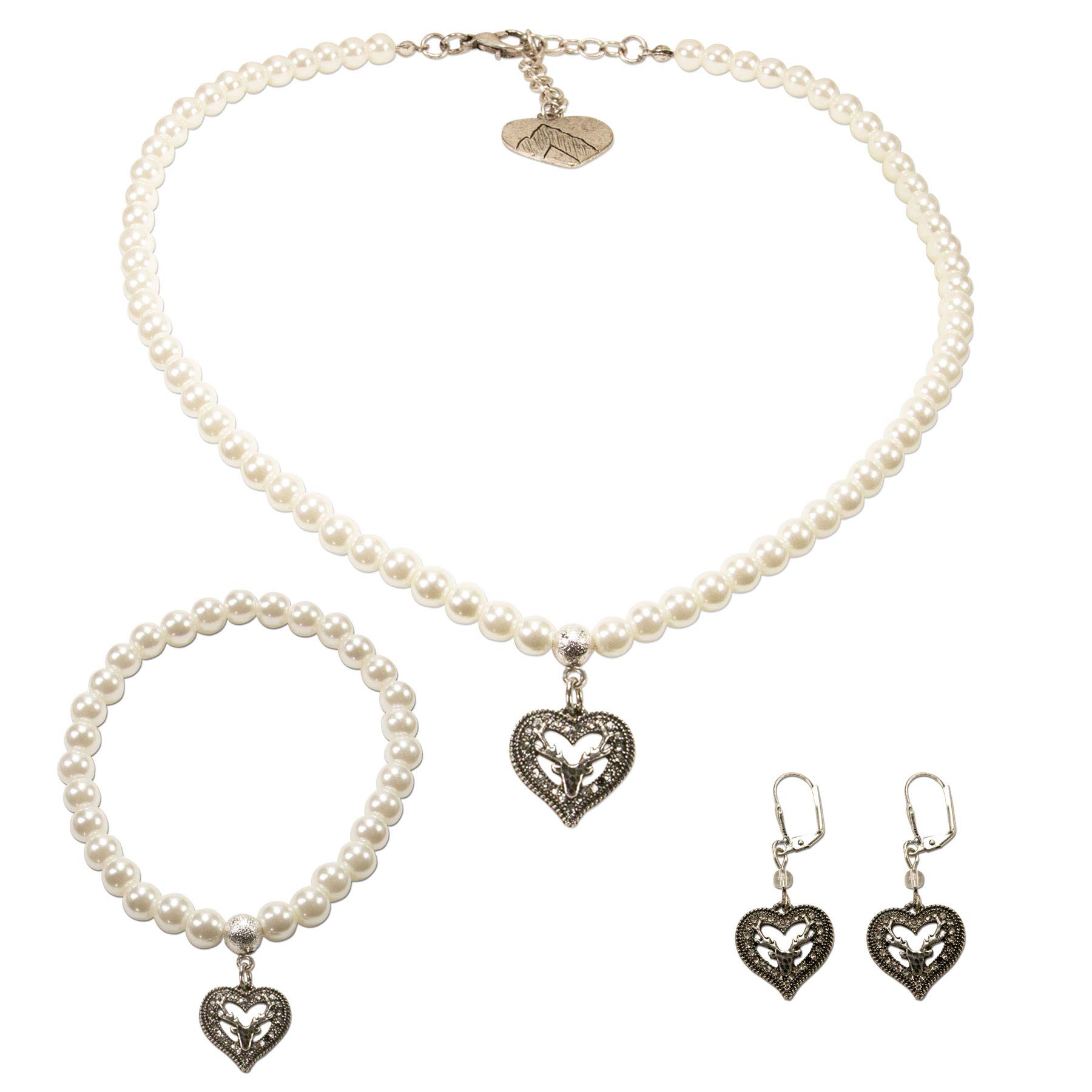 Alpenflüstern DAHEIM SET046 Trachtenset Perlenkette Herz-Hirsch creme