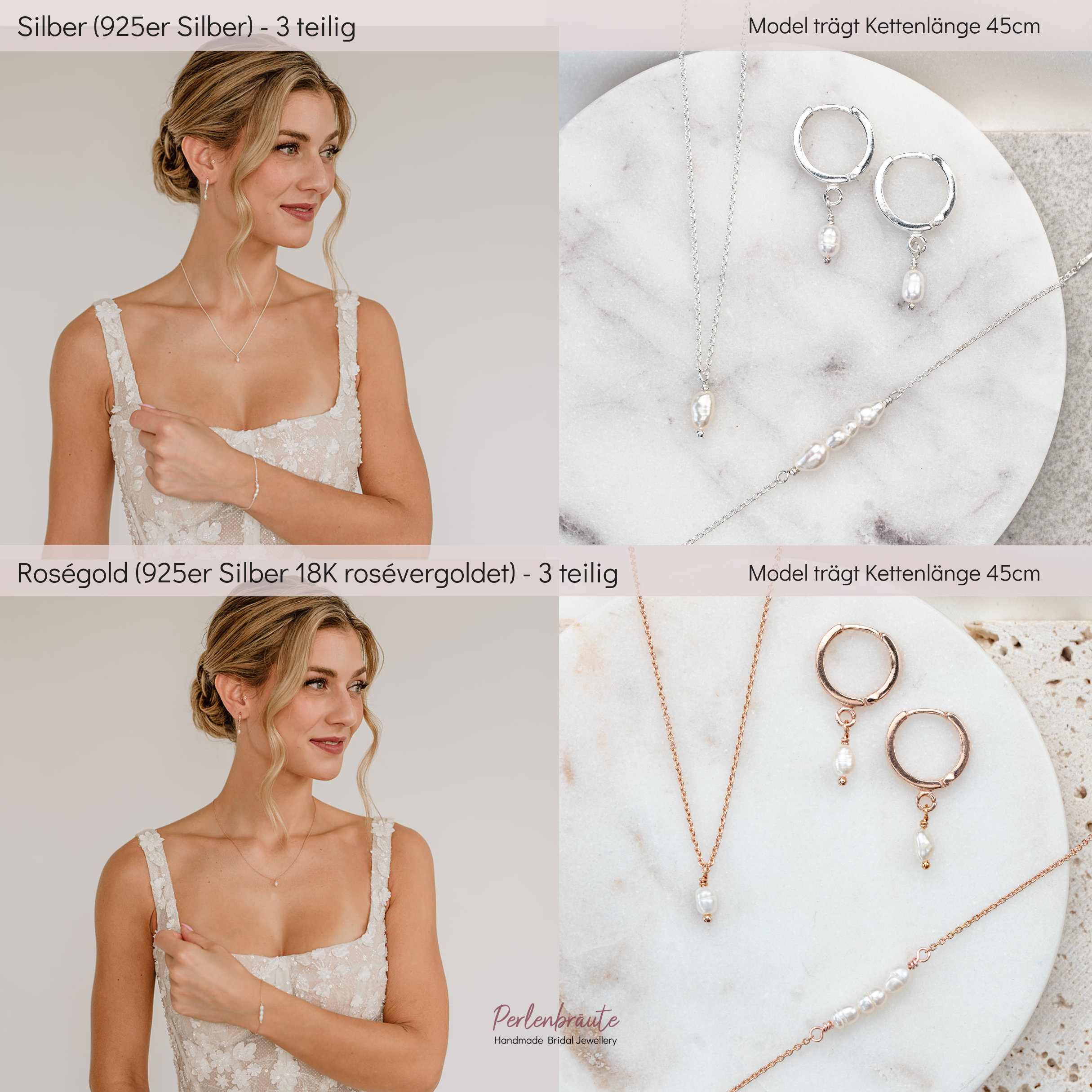 Perlenbräute Amelie Brautschmuck Set Süßwasserperle Gold 45cm
