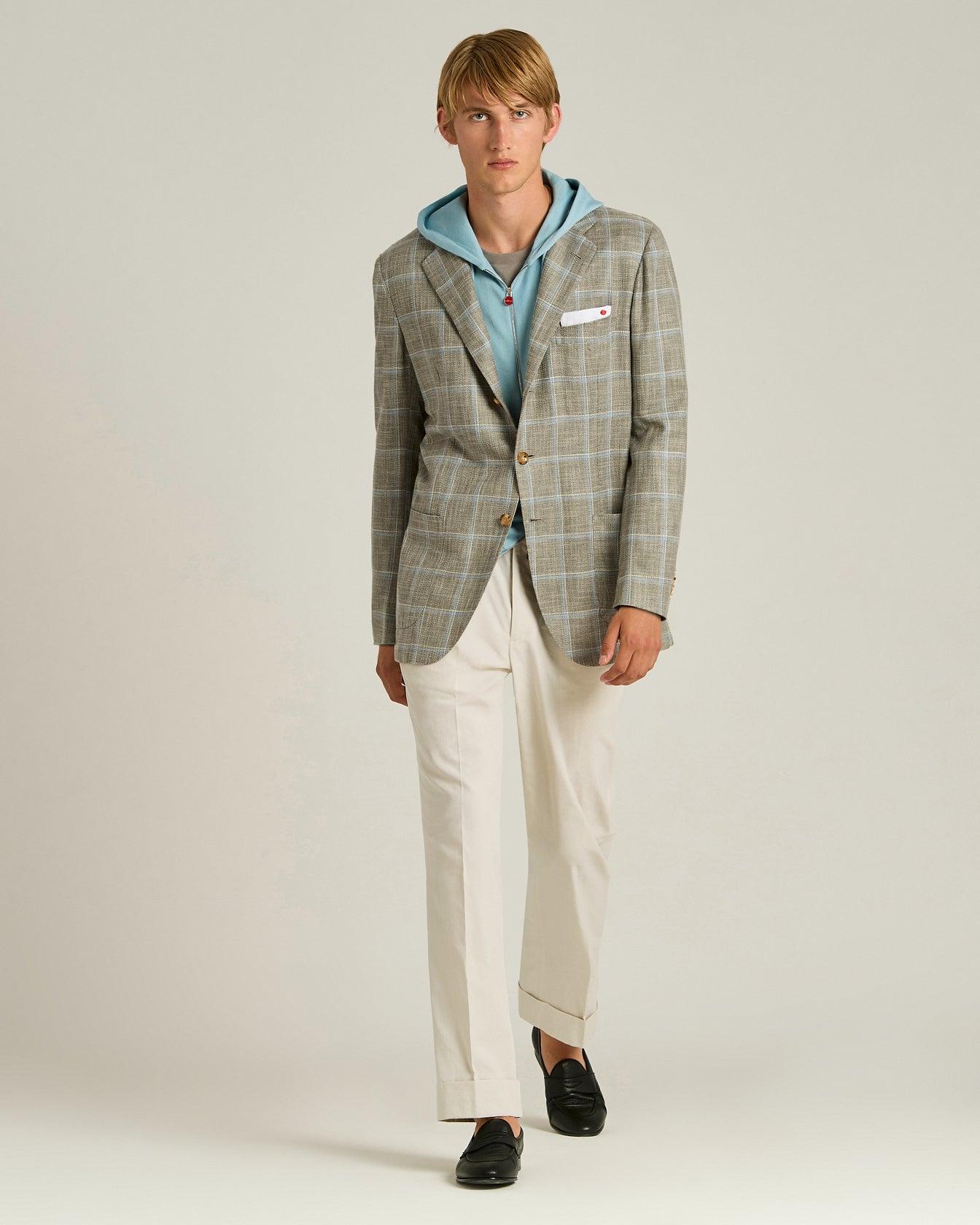 Kiton Sakko Seide Baumwolle Karo beige Gr.50