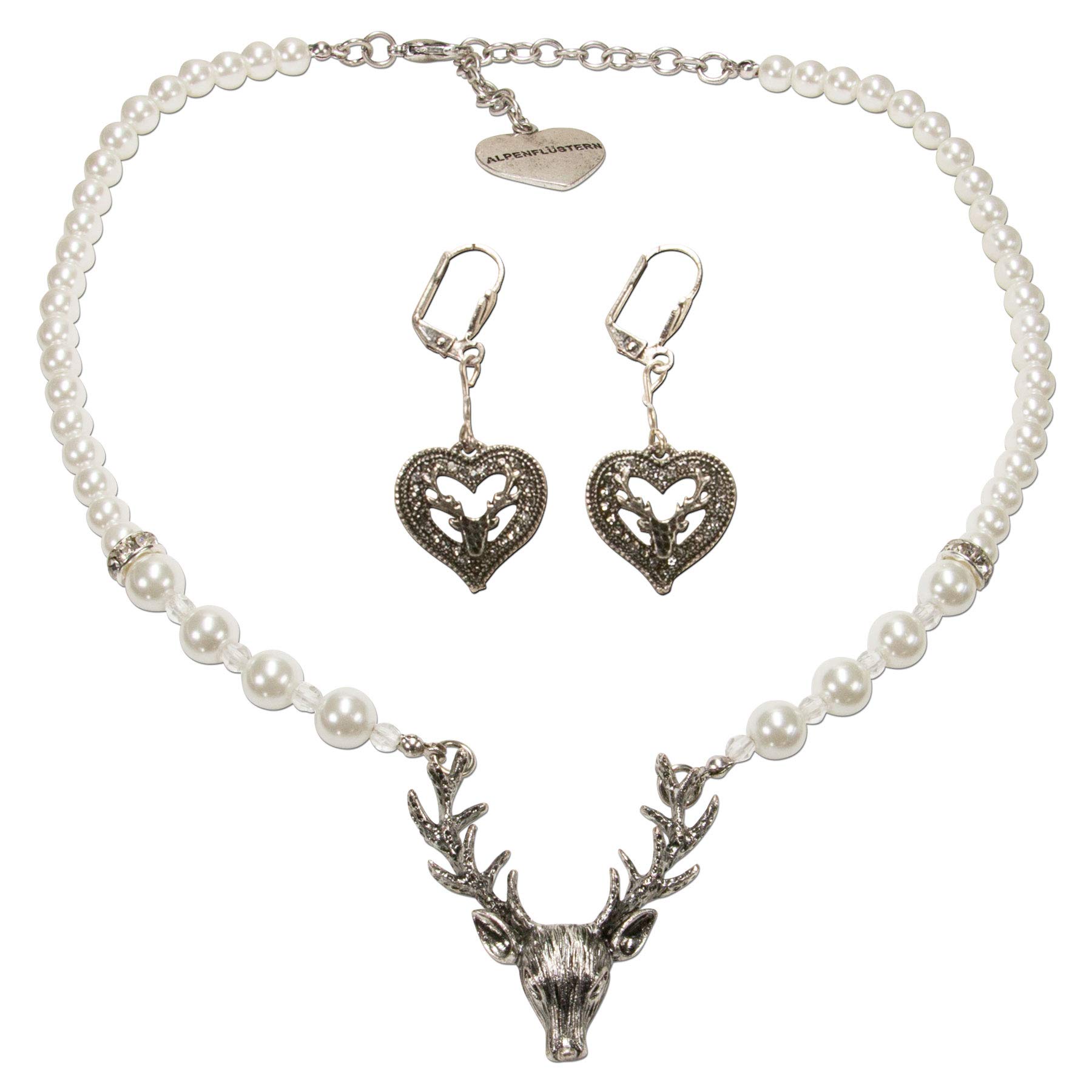 Alpenflüstern DAHEIM SET036 Trachtenset Perlenkette Hirsch creme