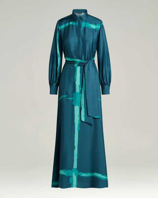 Kiton Seidenkleid Petrolgrün Print mit Gürtel