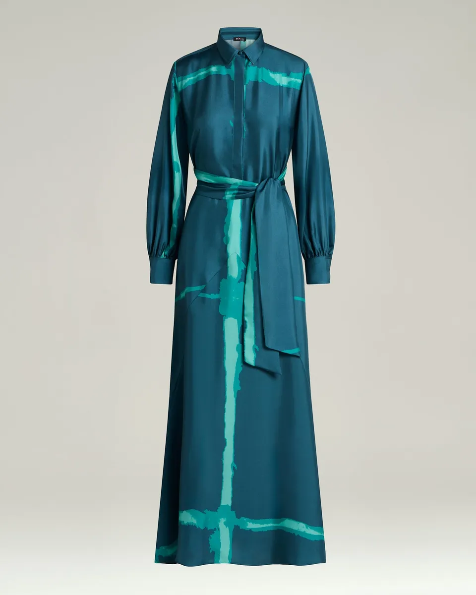 Kiton Seidenkleid Petrolgrün Print mit Gürtel
