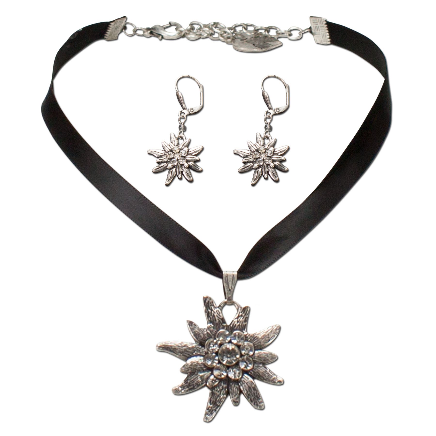 Alpenflüstern Daheim SET020 Trachtenset schwarz Satin Edelweiss