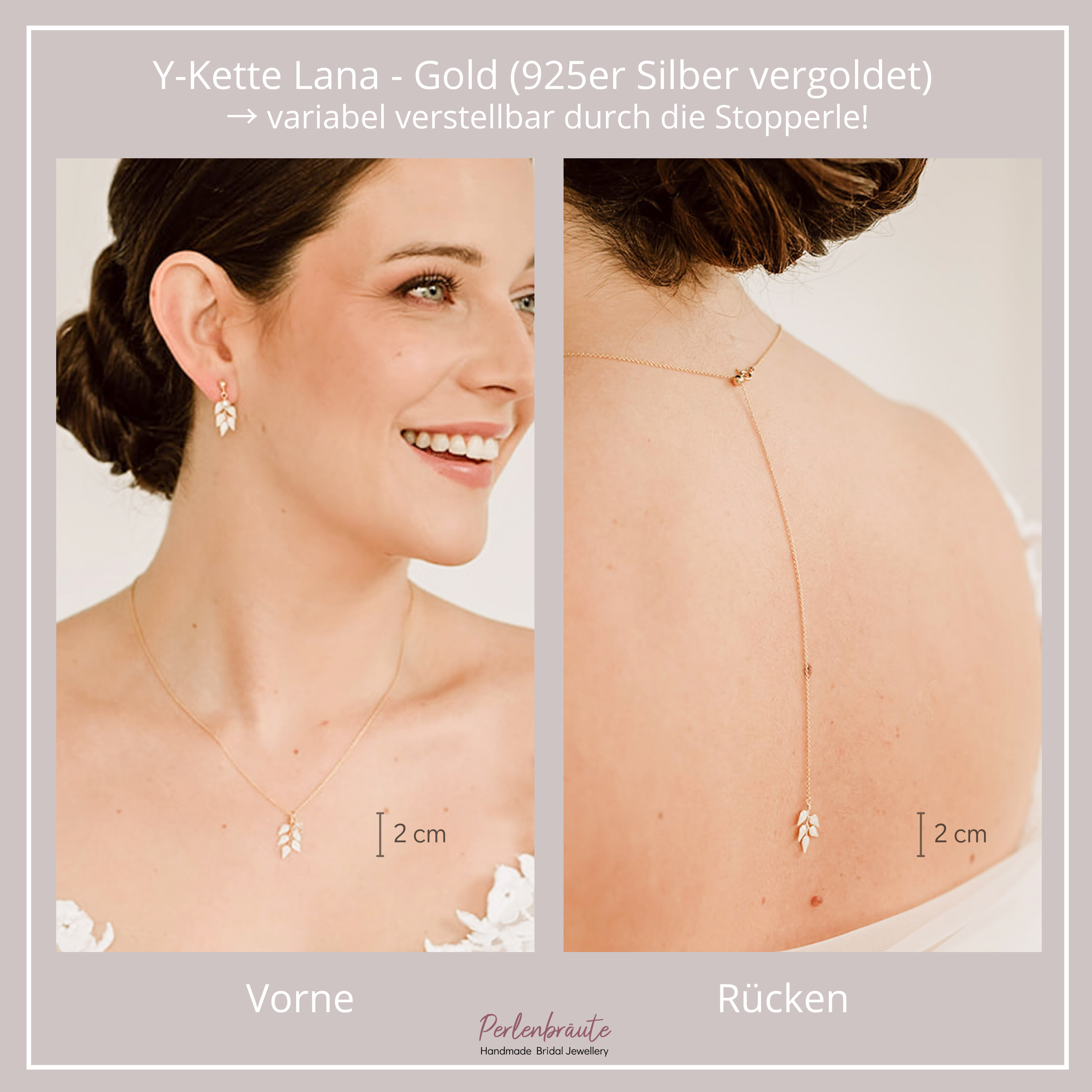 Perlenbräute Lana Y-Kette Braut Blätter Gold 64 cm