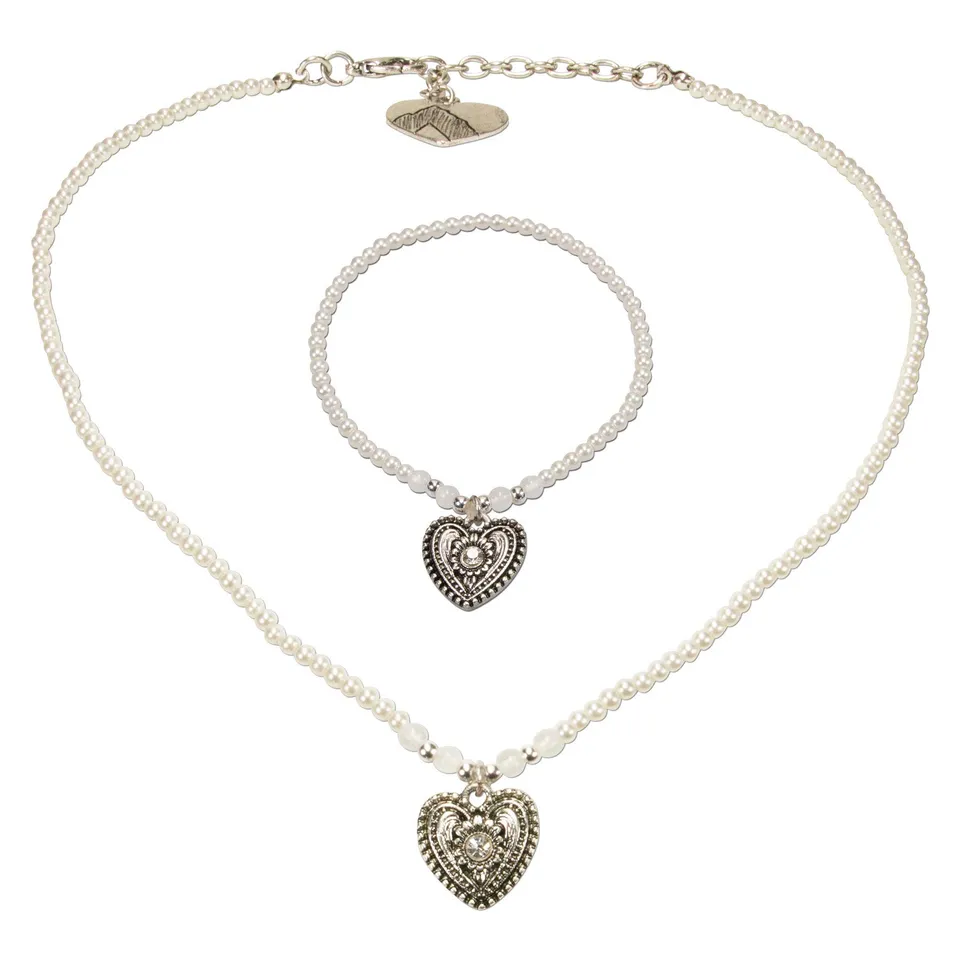 Alpenflüstern DAHEIM SET049 Trachtenset Perlenkette Armband Creme-weiß