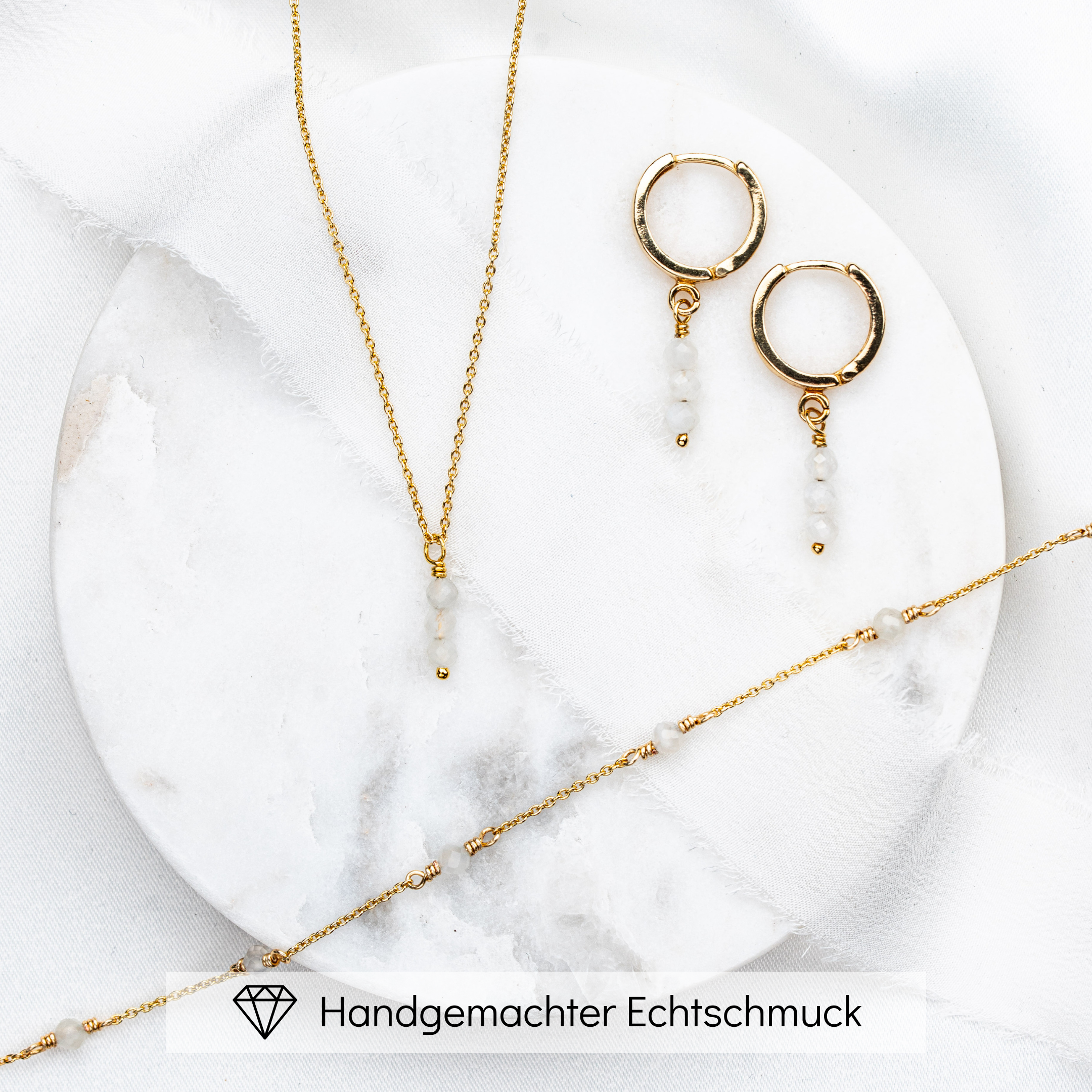 Perlenbräute Luna Brautschmuck Set Mondstein Gold 45cm