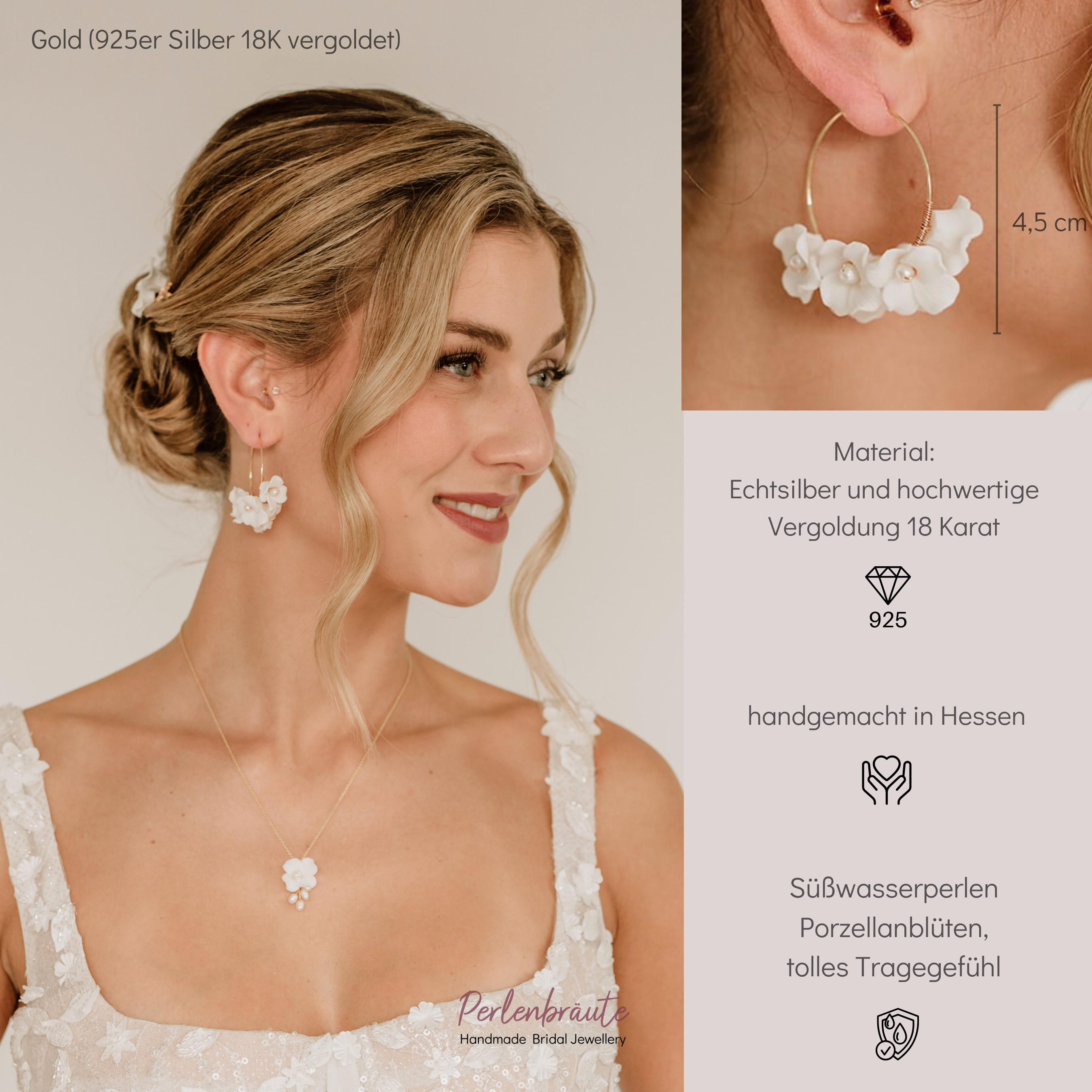 Perlenbräute Coco Creolen klein weiße Blüten Süßwasserperlen