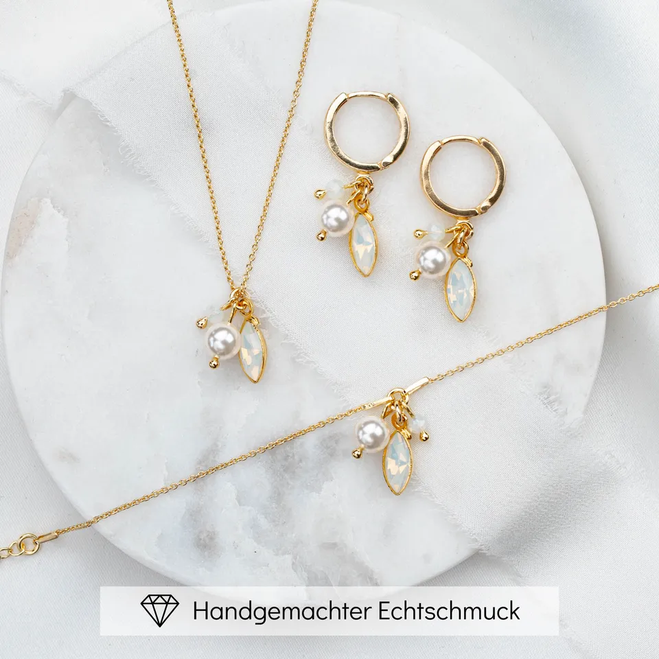 Perlenbräute Kylie Brautschmuck Set Silber white opal 45cm
