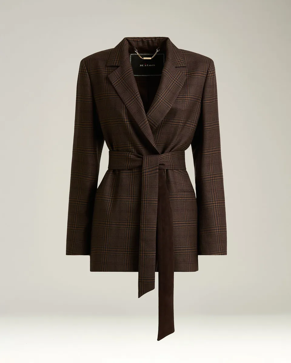 Kiton Glen Plaid Robe Blazer Kaschmir Braun 46
