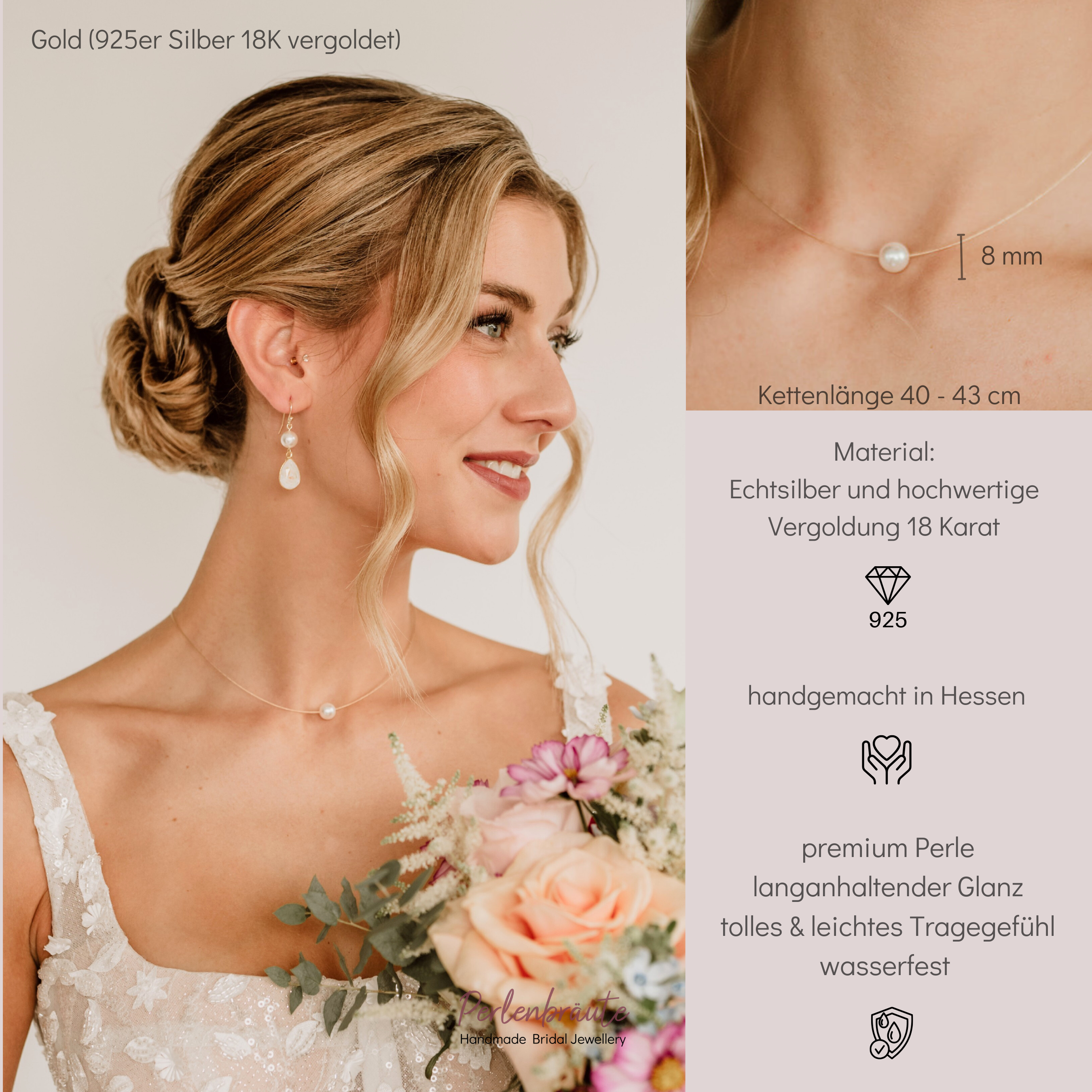 Perlenbräute Perla 8mm Braut Halsreif Perle Gold 40-43cm
