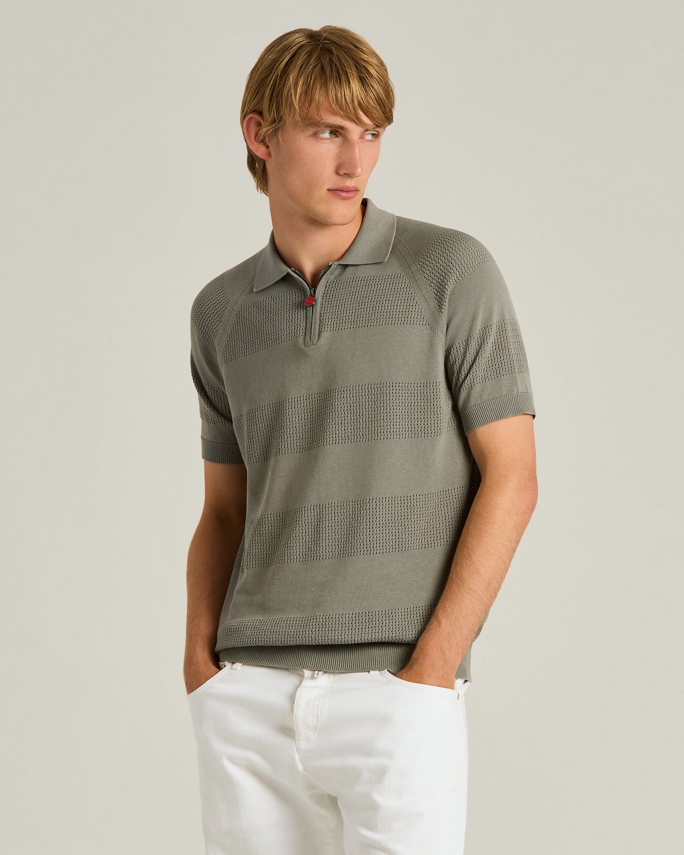 Kiton Zip Baumwoll Polo Kurzarm Herren Weiß