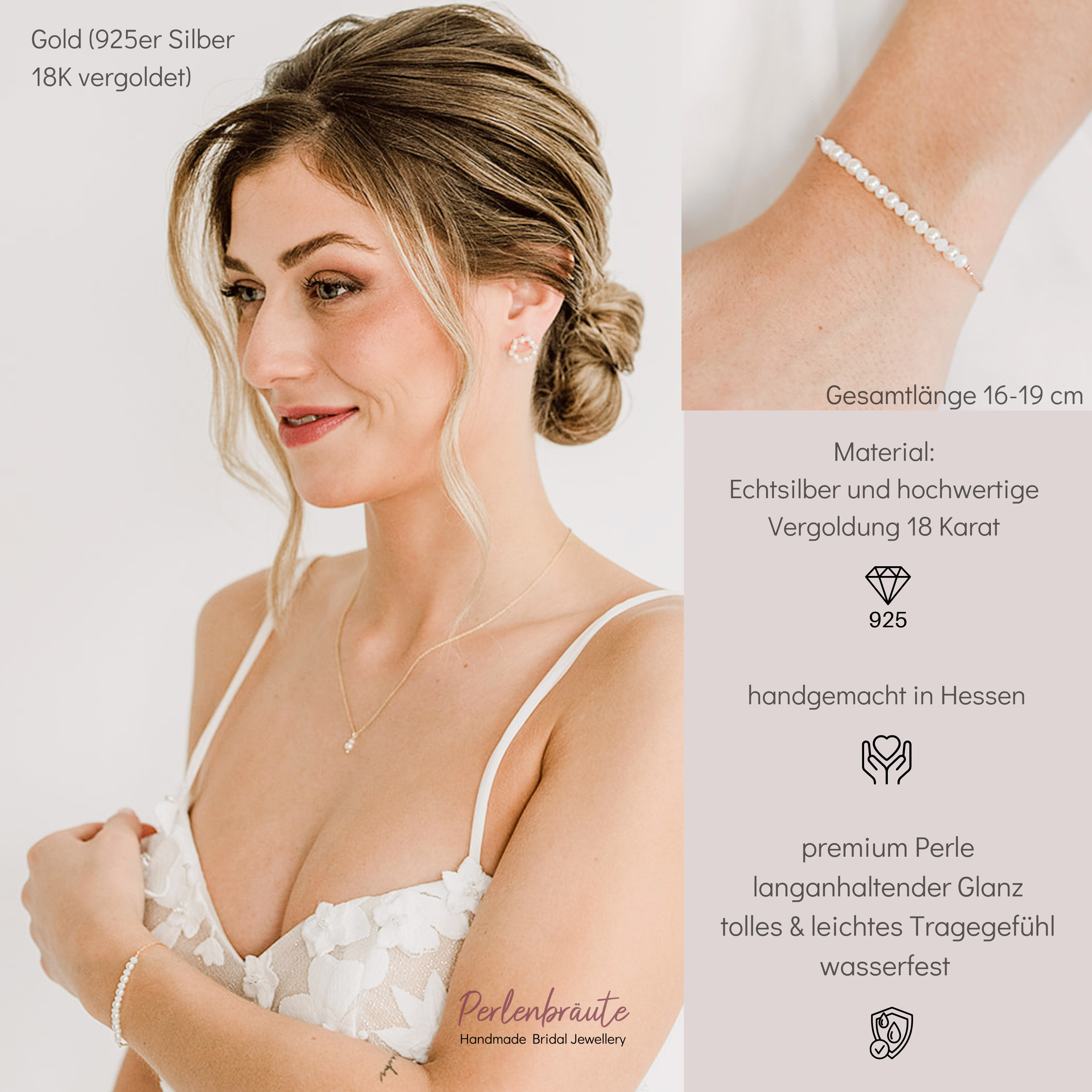 Perlenbräute Mila Armband Perlen dezent Gold 16-19cm