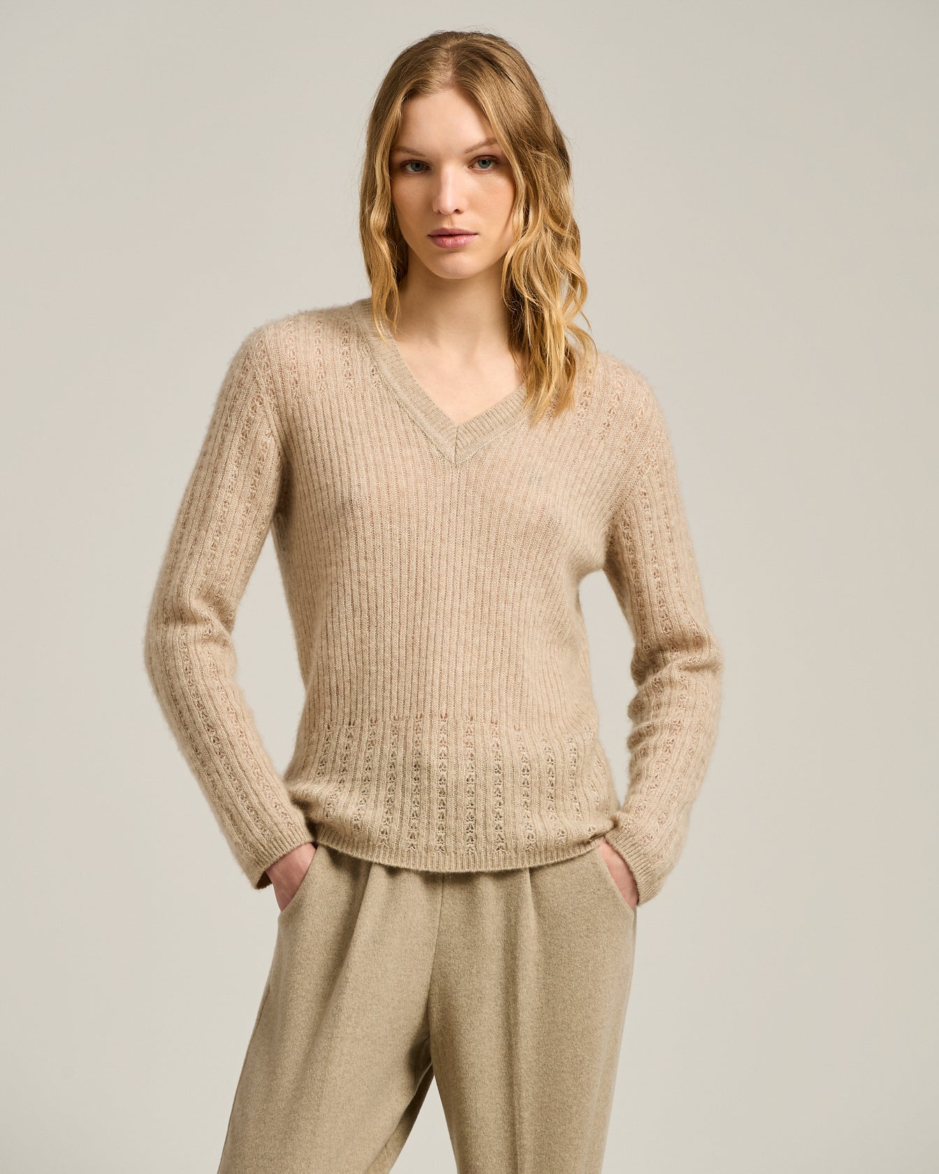 Kiton Knitwear V-Neck Pullover Beige Kaschmir Seide