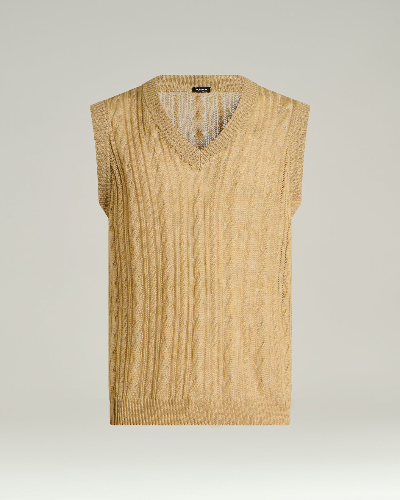 Kiton Knitwear Leinen Pullunder beige Zopfstrick V-Ausschnitt