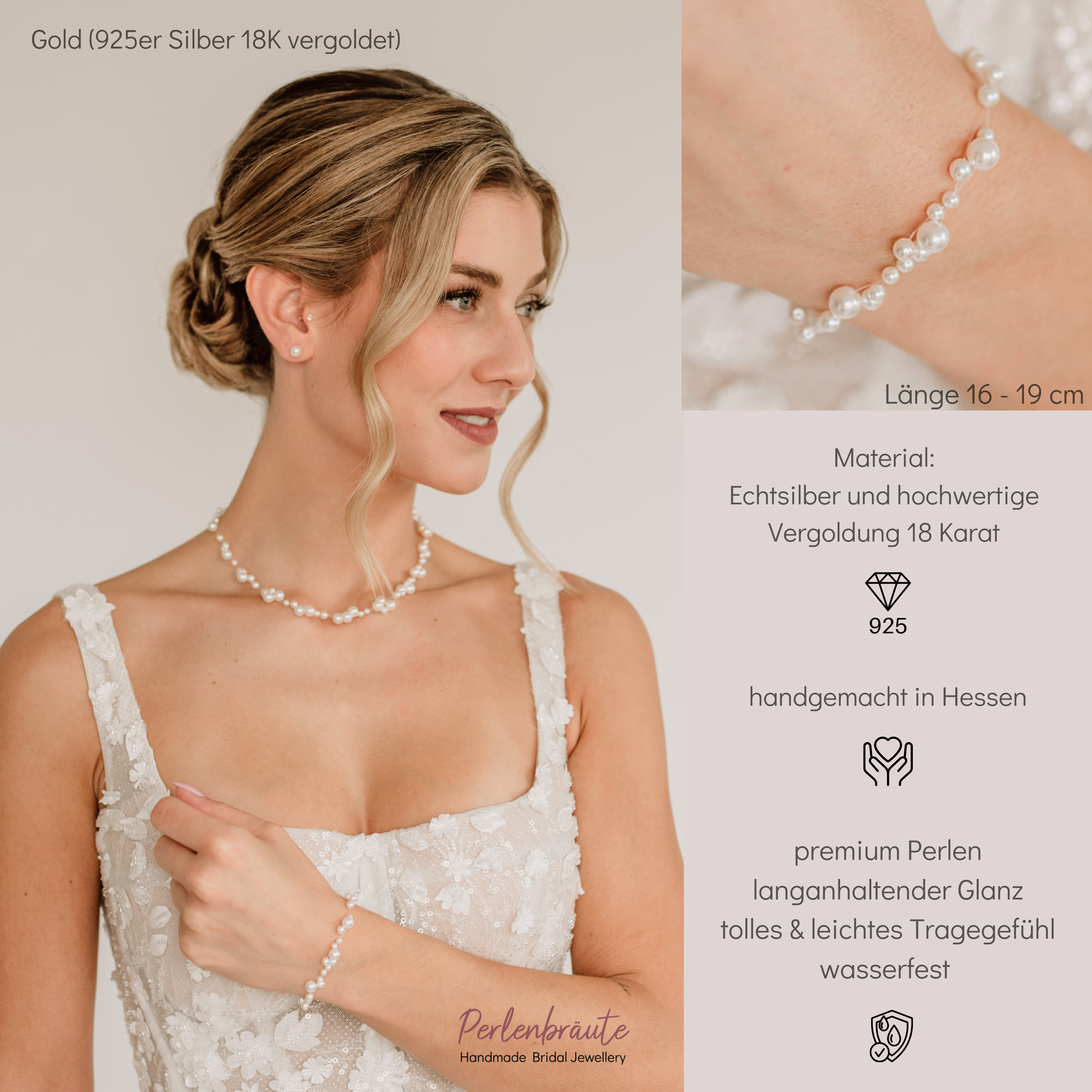 Perlenbräute Jasmin Armband Gold 16-19 cm Perlen
