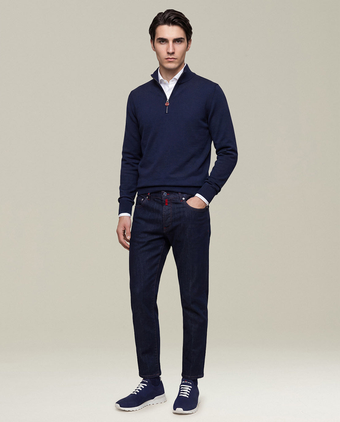 Kiton Knitwear Half-Zip Pullover Wolle Navy Herren