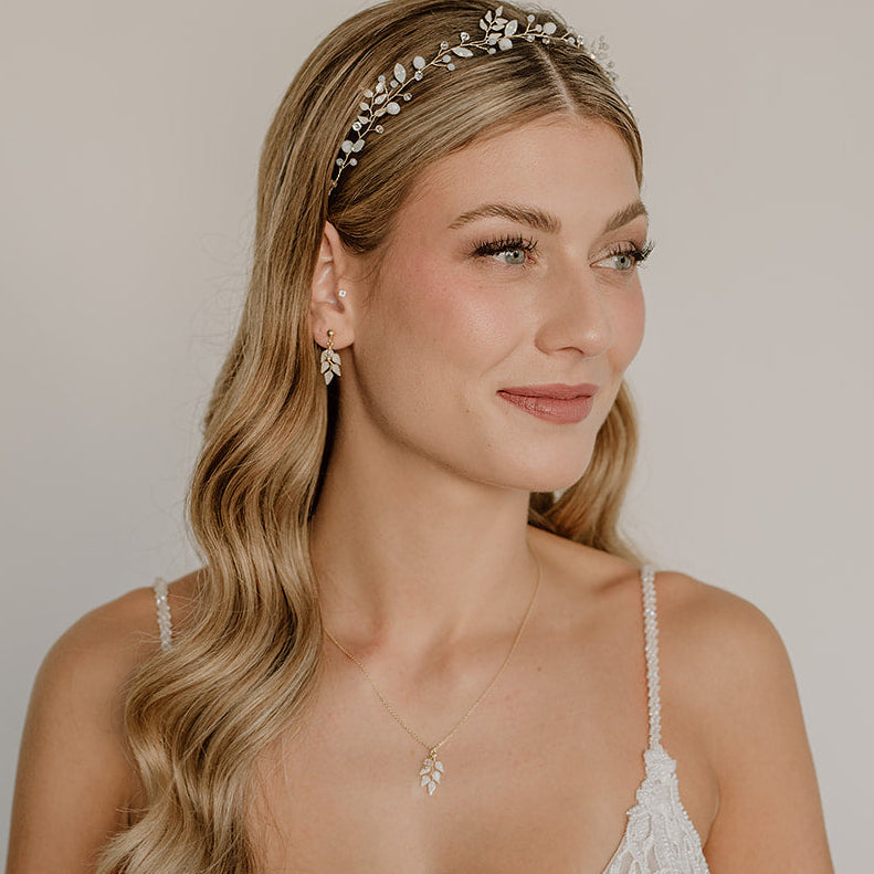 Perlenbräute Lana Brautschmuck Set Blätter Silber Kette 45cm