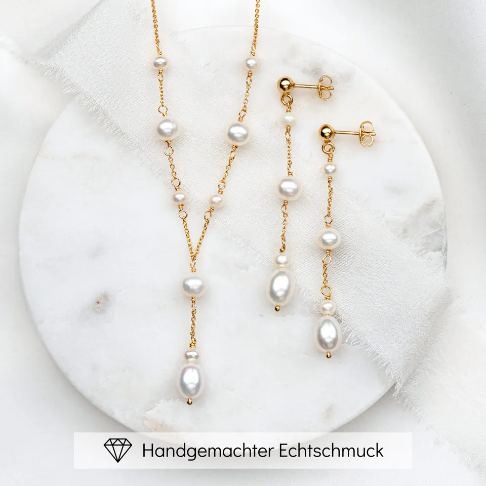 Perlenbräute Joy Brautschmuck Set Perlen Gold Ohrringe Y-Kette