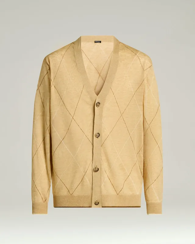 Kiton Cardigan Leinen Beige Rautenmuster