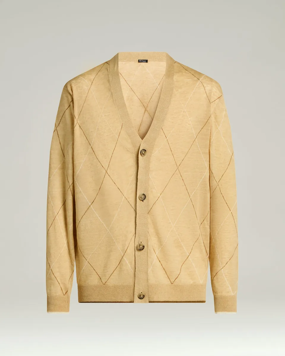 Kiton Cardigan Leinen Beige Rautenmuster