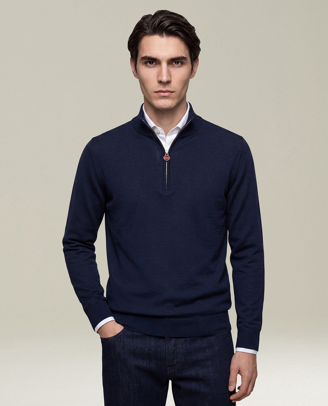 Kiton Knitwear Half-Zip Pullover Wolle Navy Herren