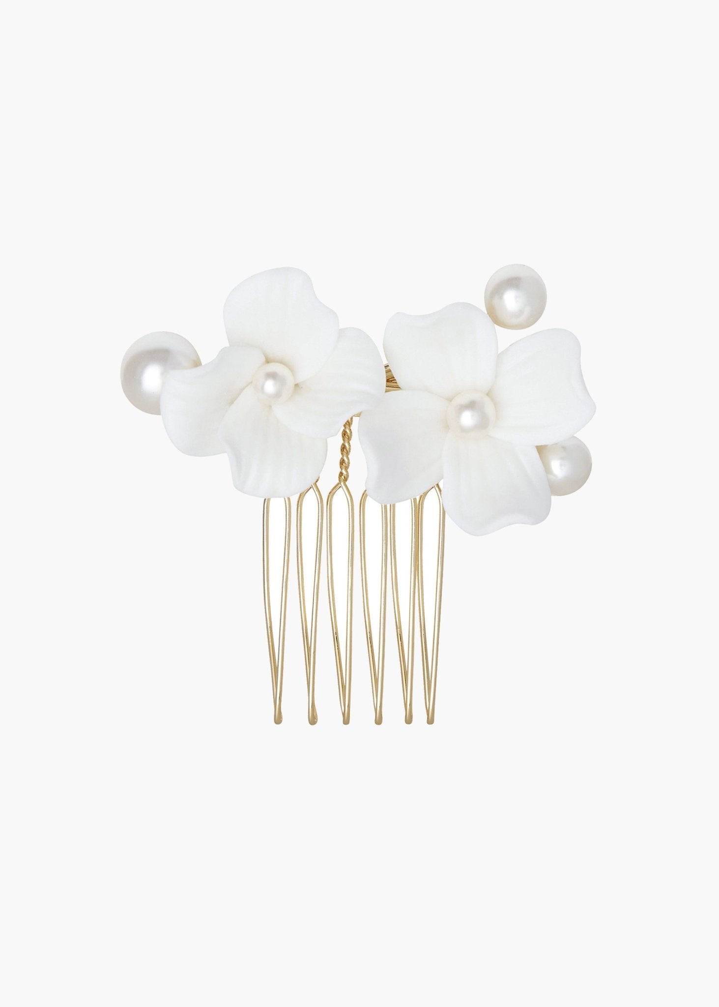 Elizabeth Bower Weiss Pearl Brauthaarkamm Gold Porzellanblumen