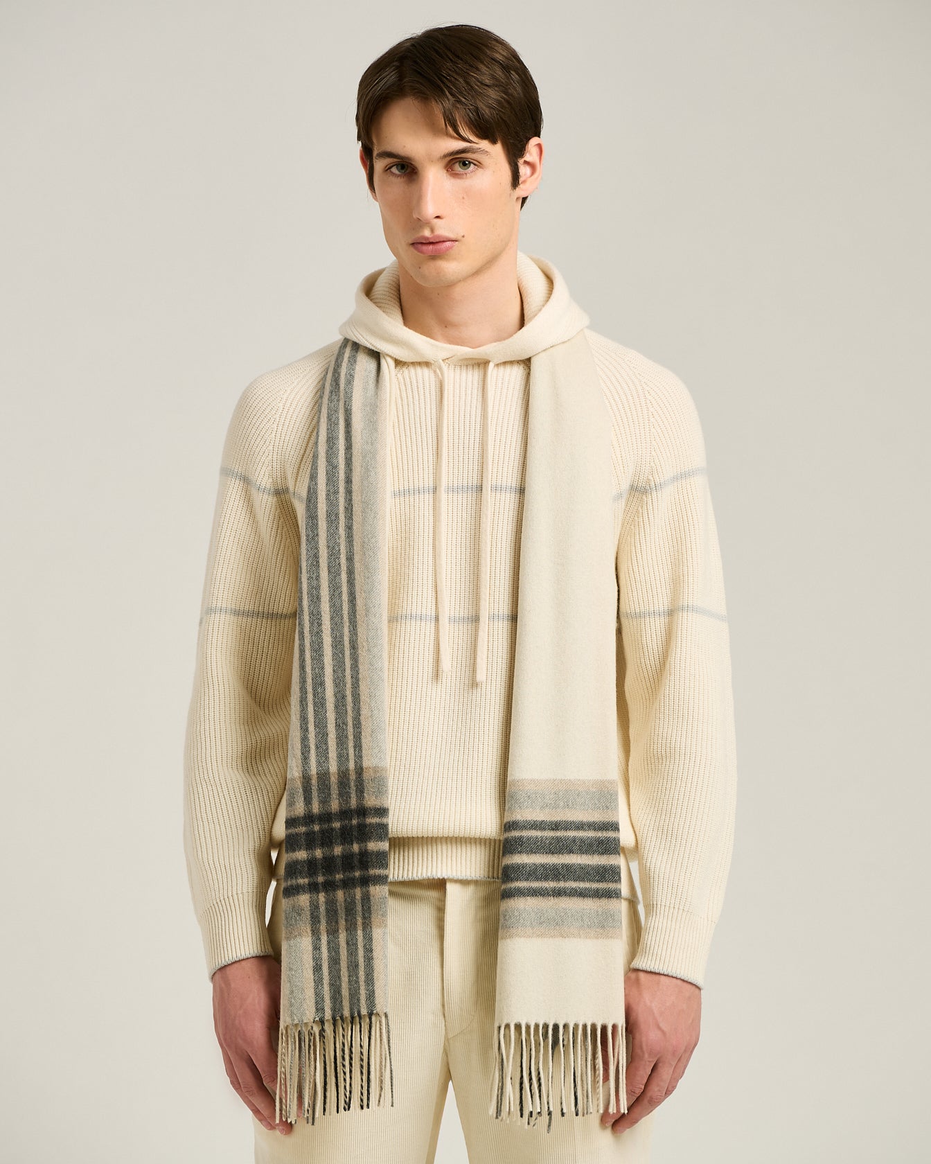 Kiton Schal Reines Kaschmir Creme Karo 50x200