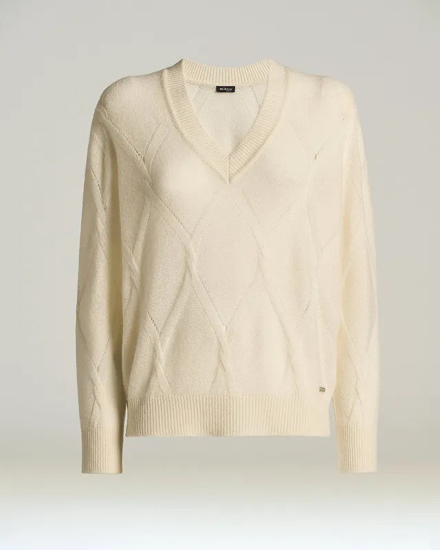 Kiton Knitwear Cream White Kaschmir V-Pullover Seide