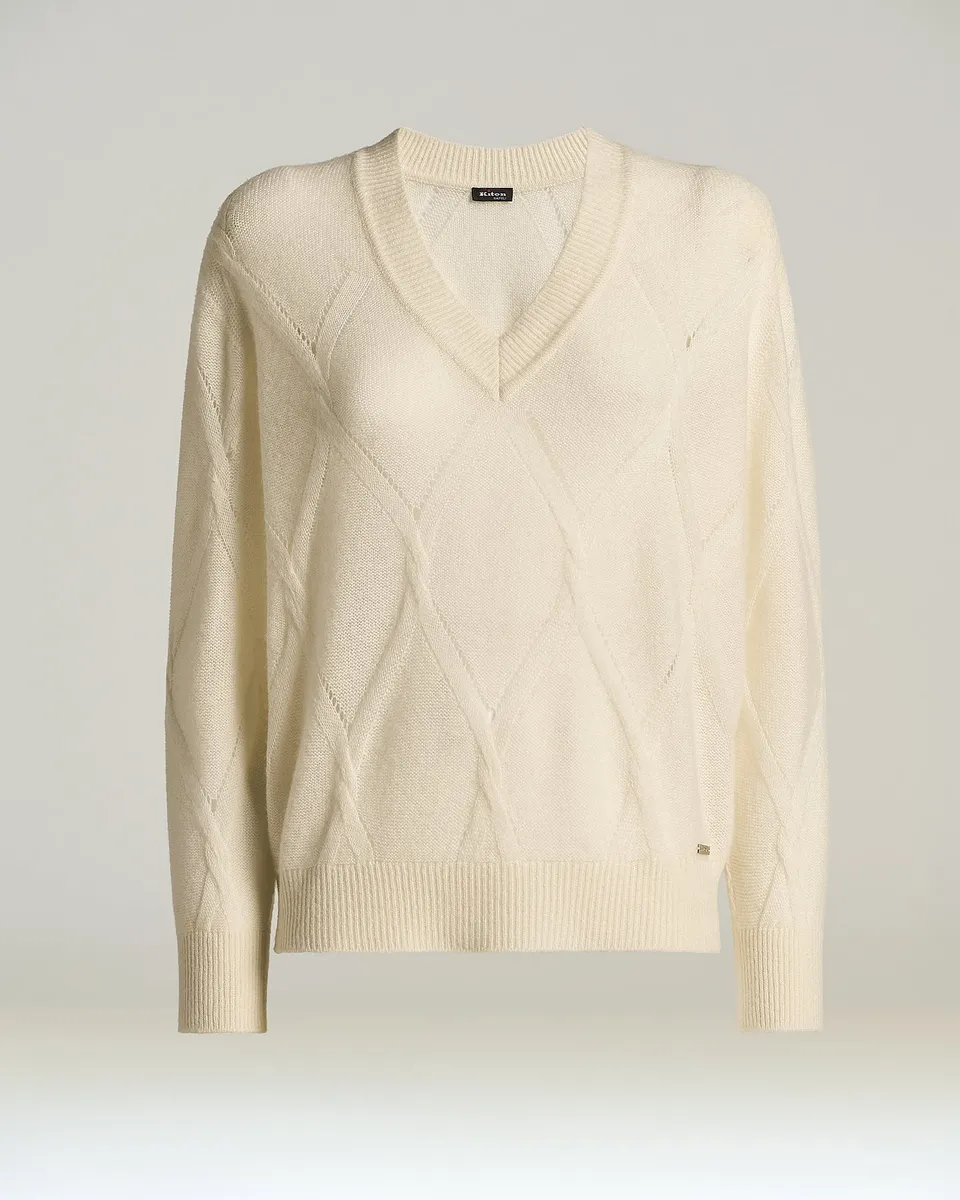 Kiton Knitwear Cream White Kaschmir V-Pullover Seide