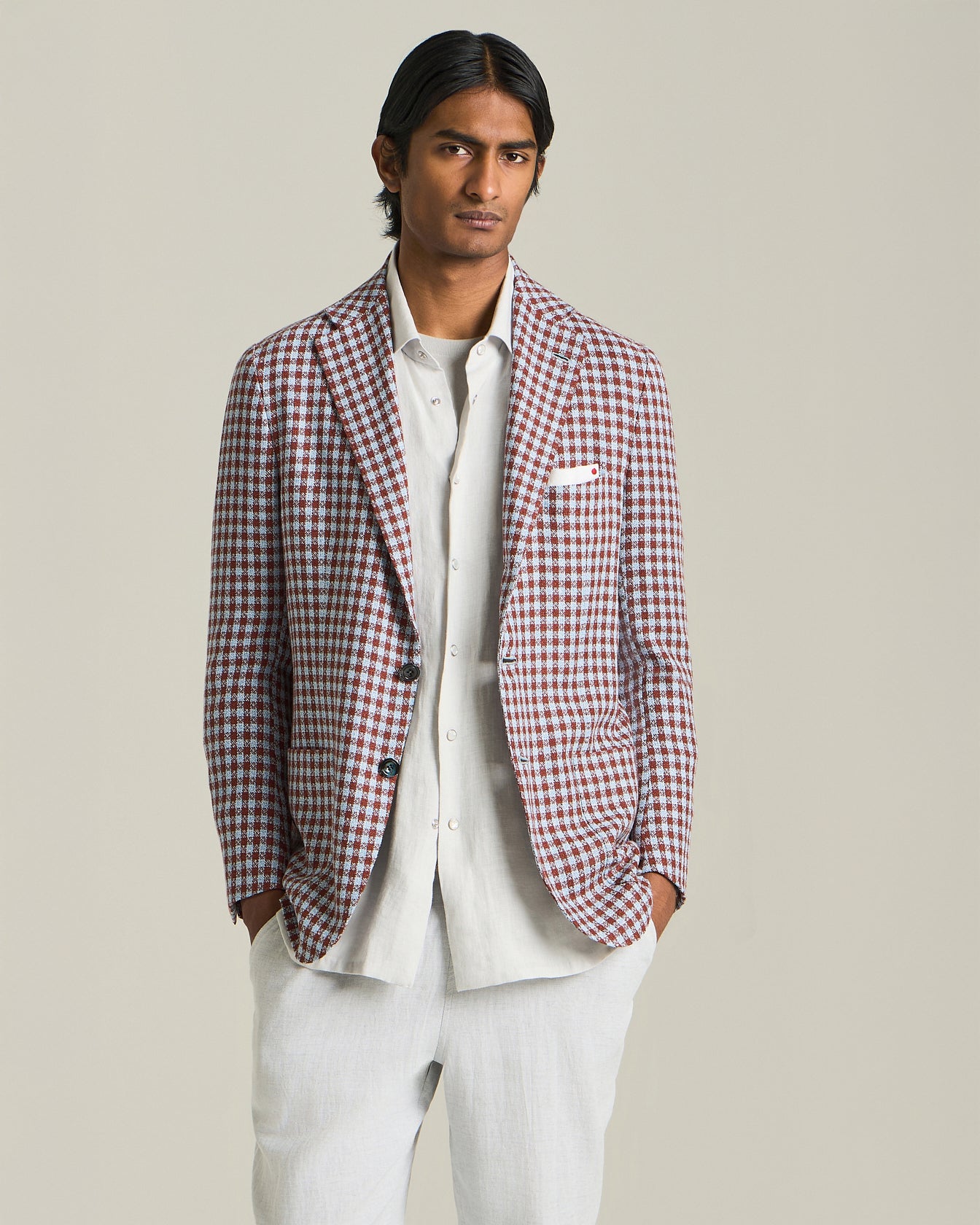 Kiton Micro Check Blazer Kaschmir Leinen Einreihig