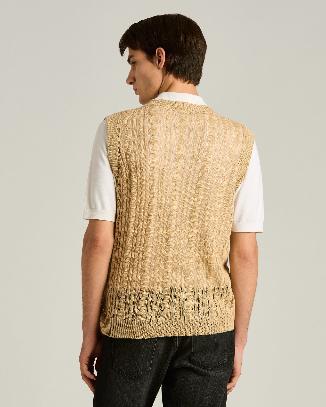 Kiton Knitwear Leinen Pullunder beige Zopfstrick V-Ausschnitt