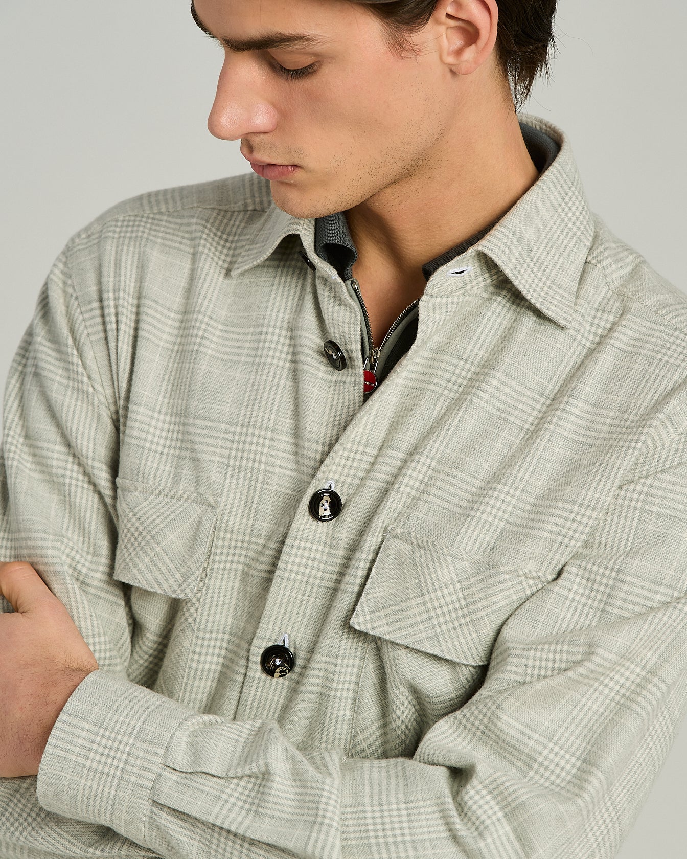 Kiton Shirts Overshirt Baumwolle Hellgrau Kariert
