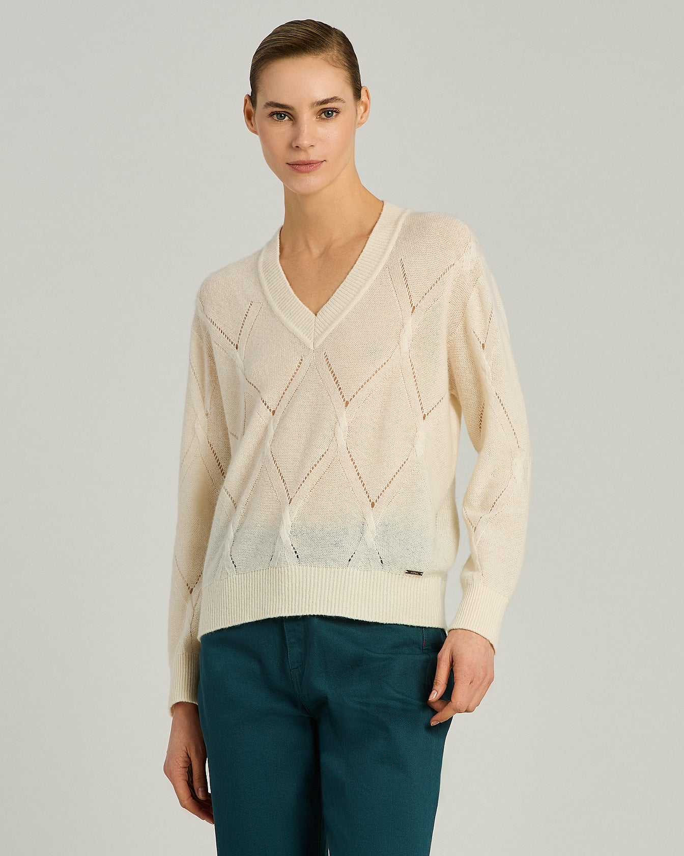 Kiton Knitwear Cream White Kaschmir V-Pullover Seide