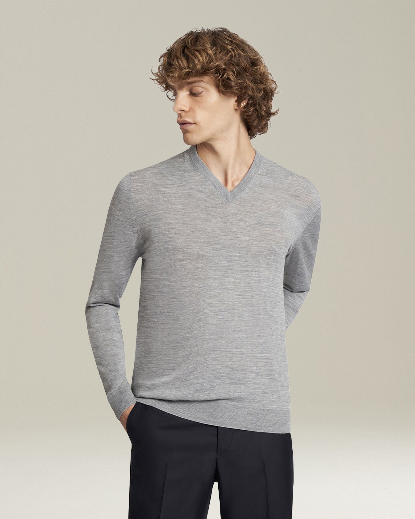 Kiton Knitwear V-Neck Pullover Wolle Herren Hellgrau