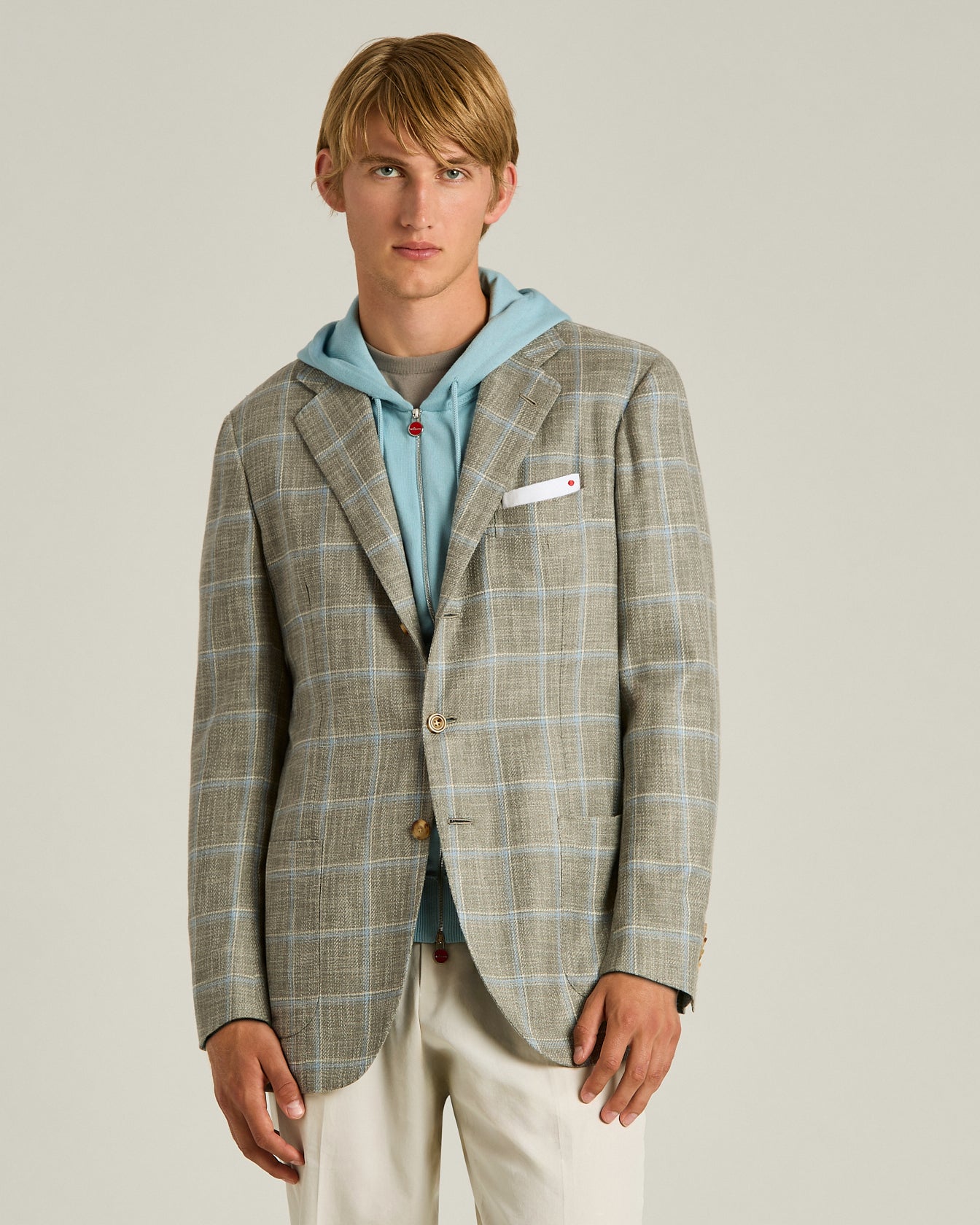 Kiton Sakko Seide Baumwolle Karo beige Gr.50