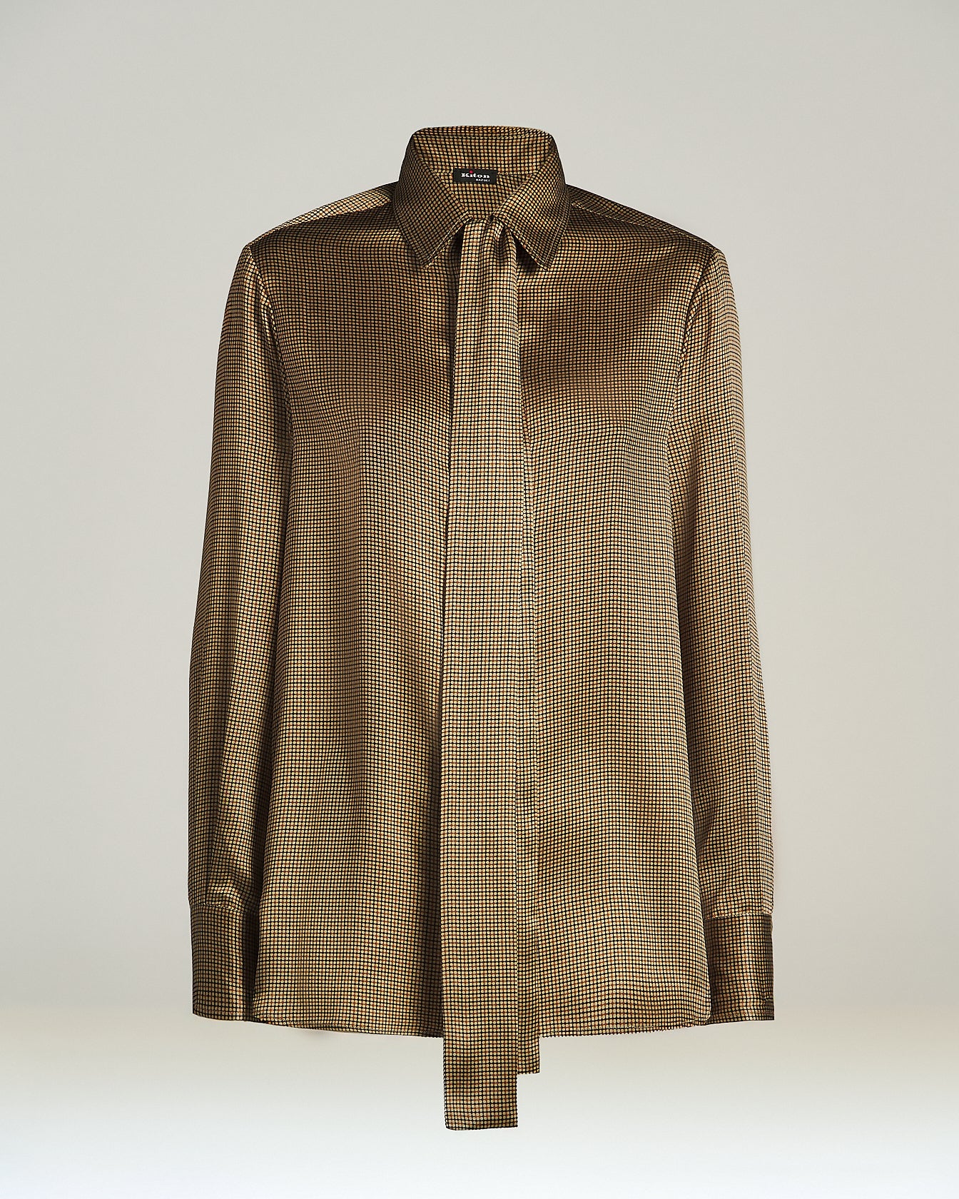 Kiton Shirts Seidenbluse beige-braun Schleife Micro