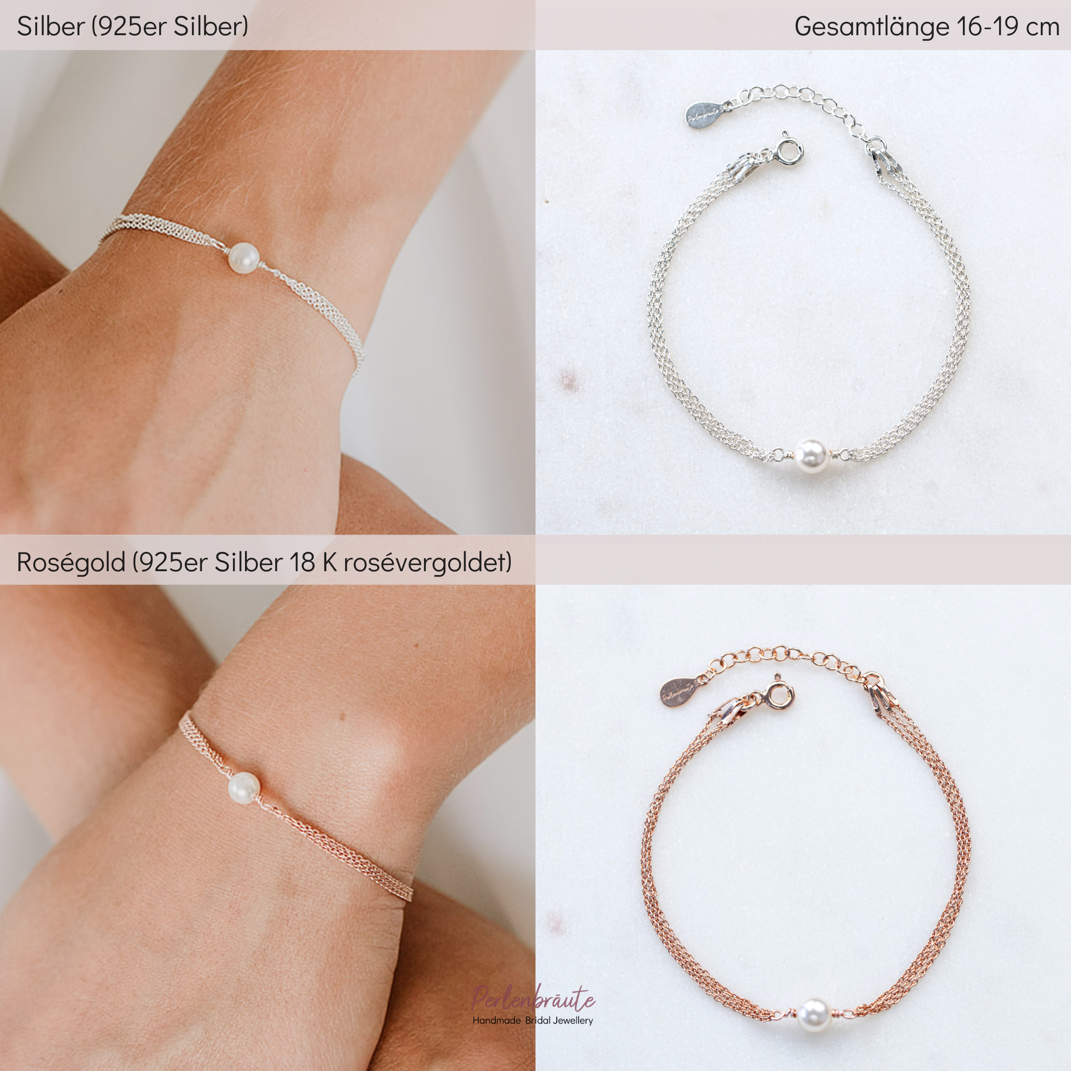Perlenbräute Lola Armband Gold Hochzeit Perle 16-19cm