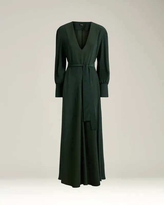 Kiton Dresses Seidenkleid dunkelgrün lang mit Gürtel