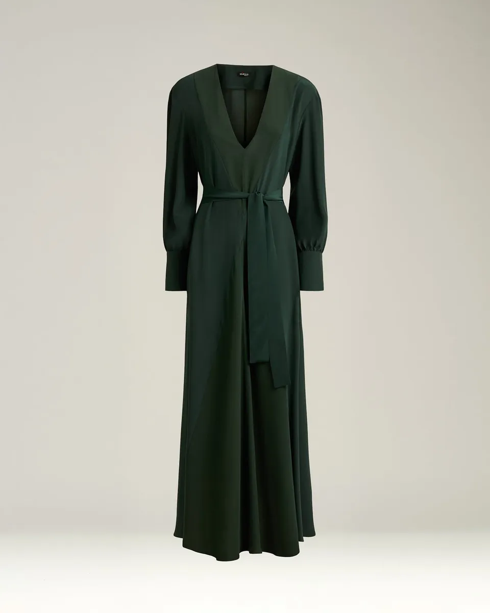 Kiton Dresses Seidenkleid dunkelgrün lang mit Gürtel