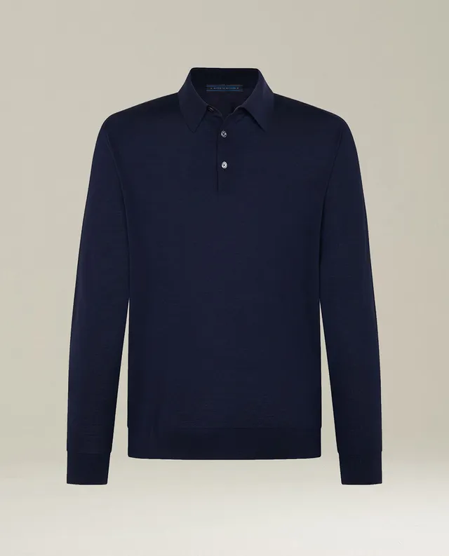 Kiton Navy 14-Micron Langarm-Polo Poloshirt Wolle