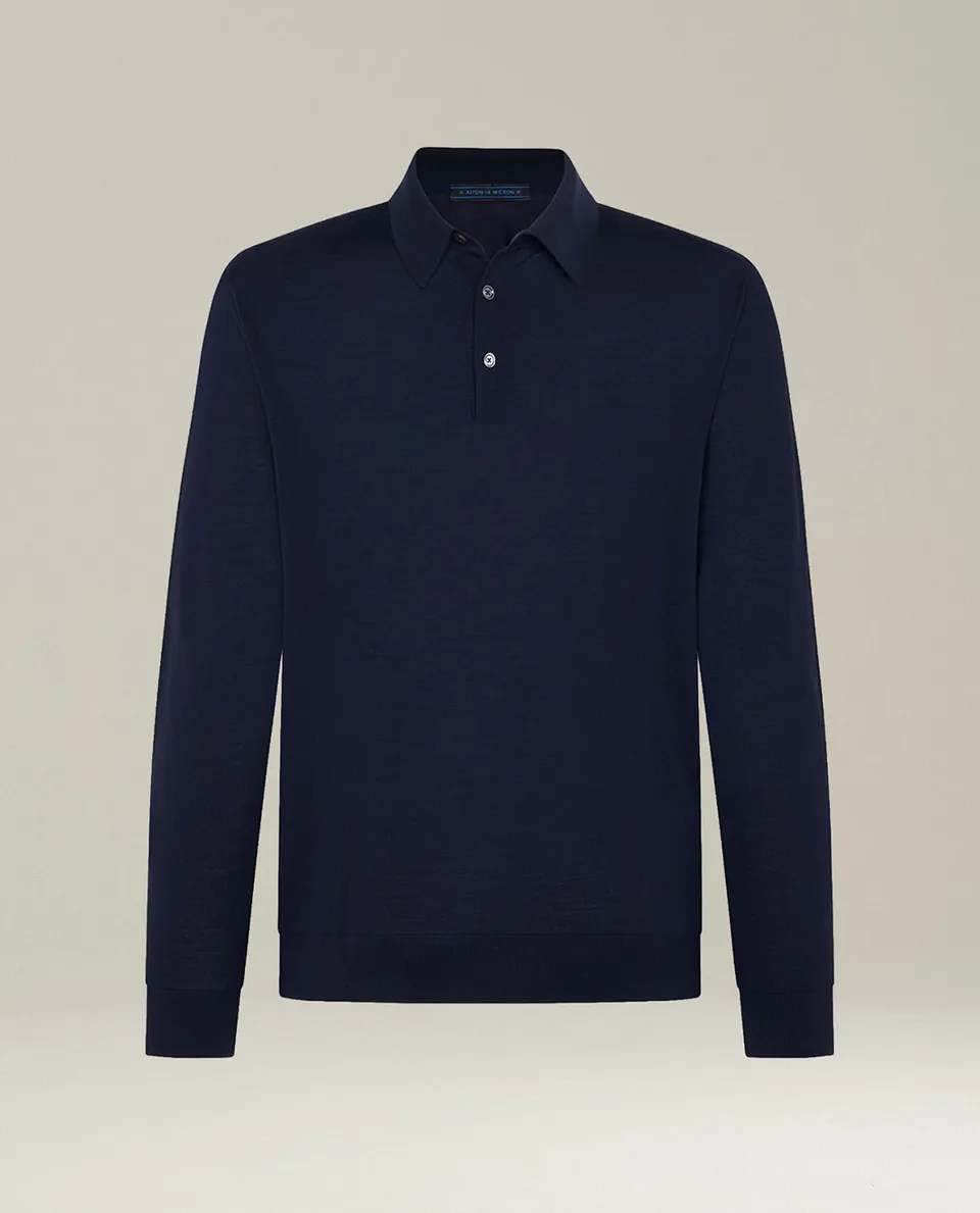 Kiton Navy 14-Micron Langarm-Polo Poloshirt Wolle