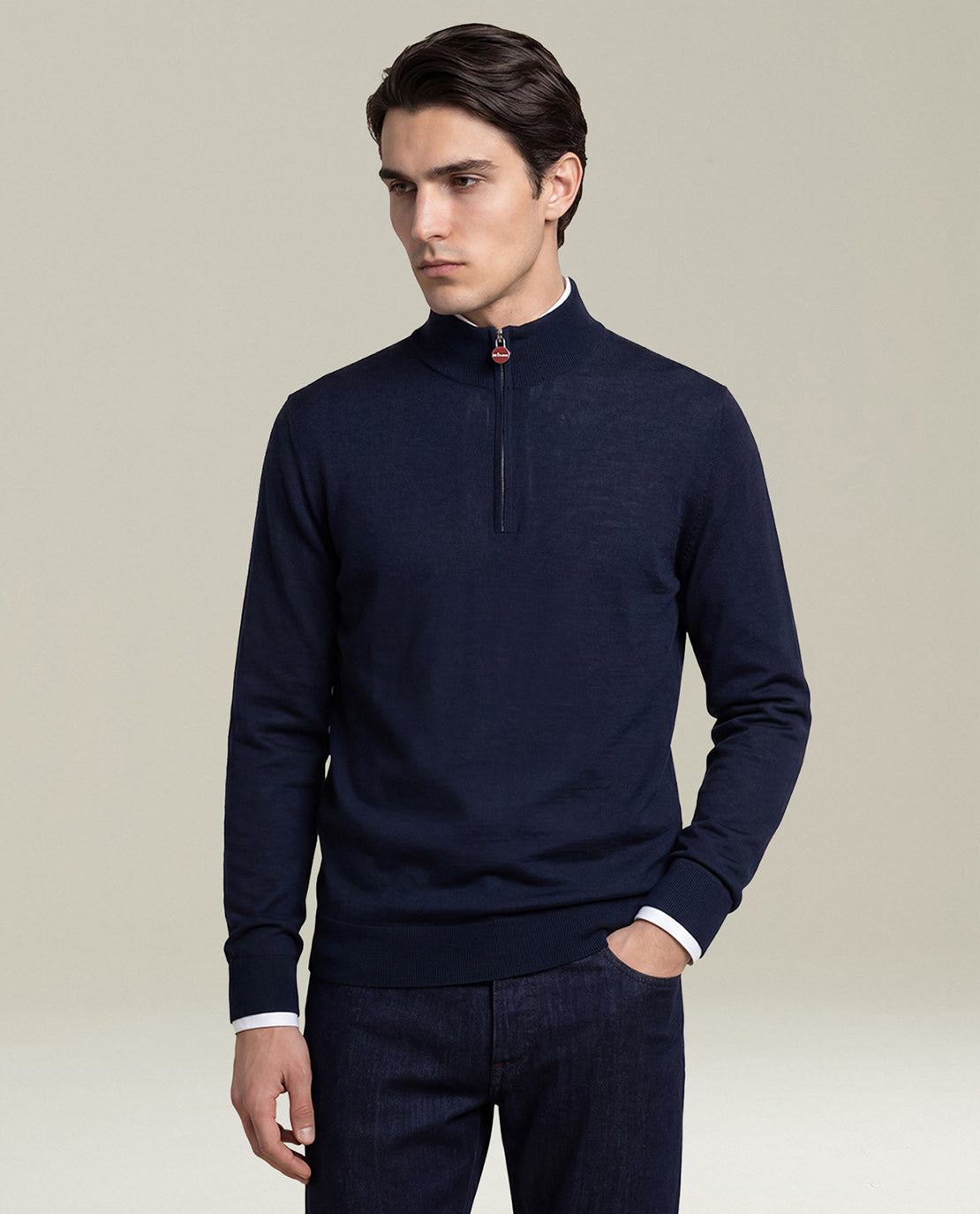 Kiton Knitwear Half-Zip Pullover Wolle Navy Herren