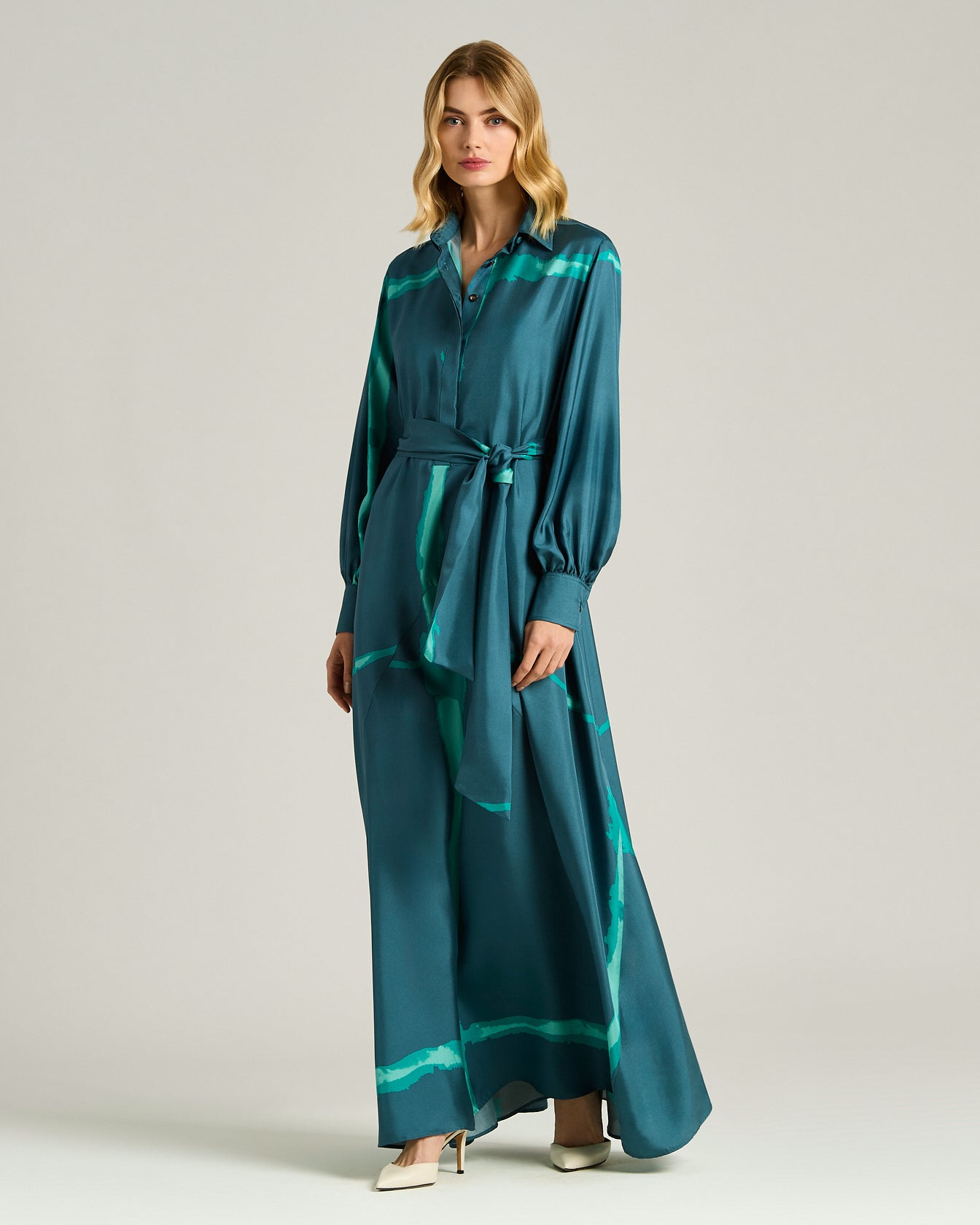 Kiton Seidenkleid Petrolgrün Print mit Gürtel