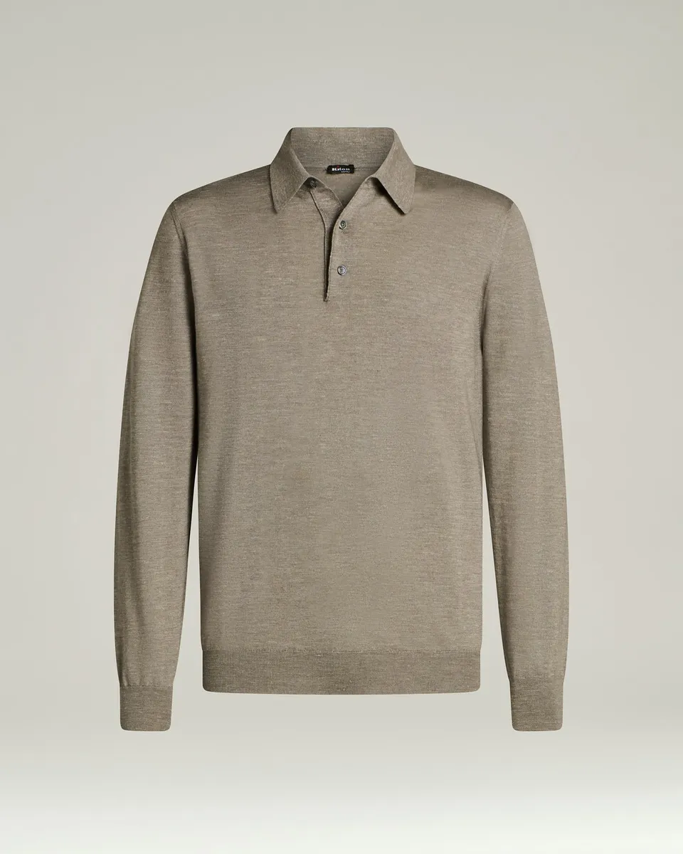 Kiton Polo Langarm Poloshirt Hellgrau Perlmuttknöpfe