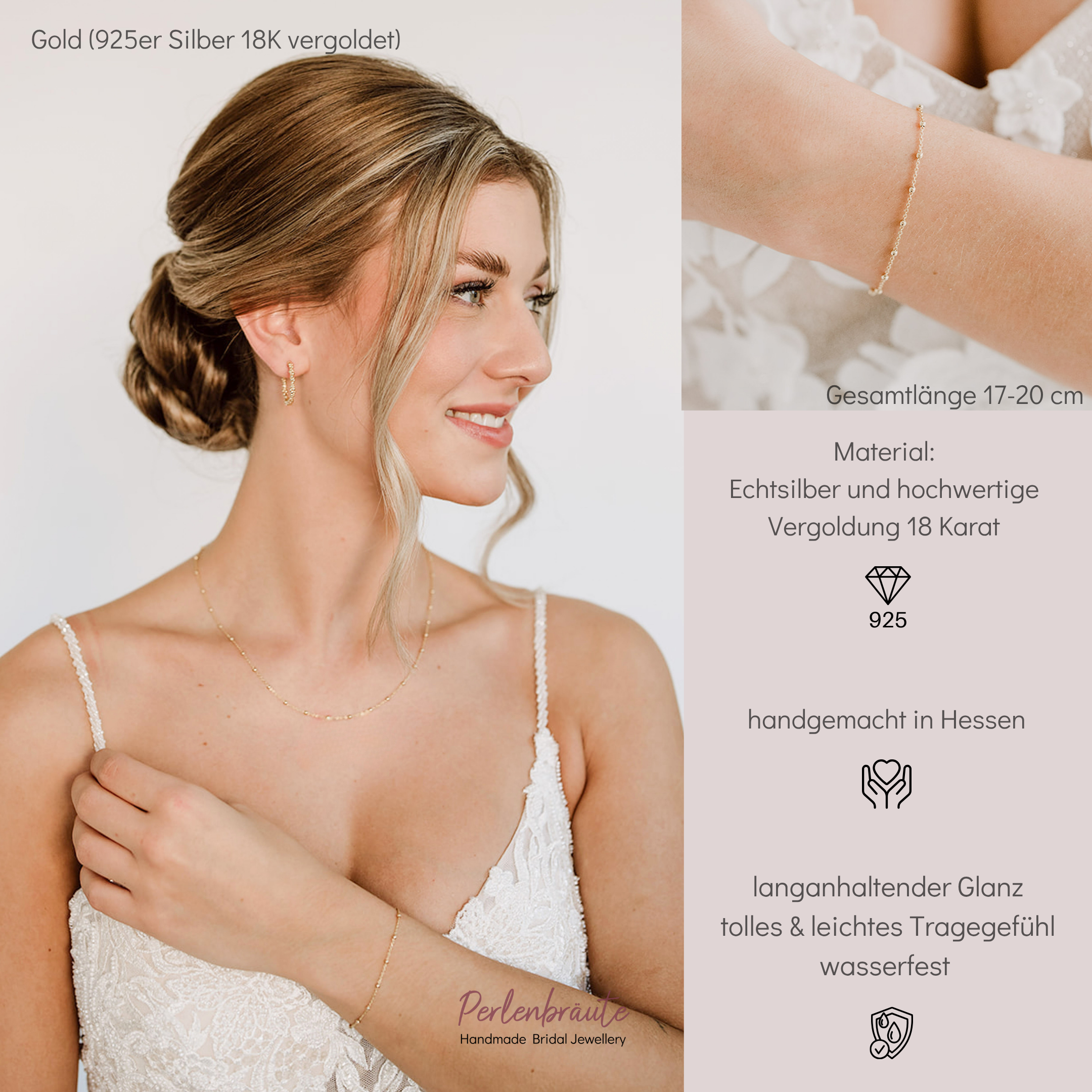 Perlenbräute Kaya Brautarmband Gold schlicht 17-20cm