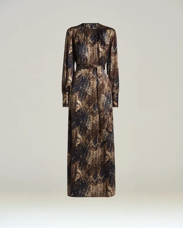 Kiton Seidenkleid Lang Braun Blau Print Größe 40