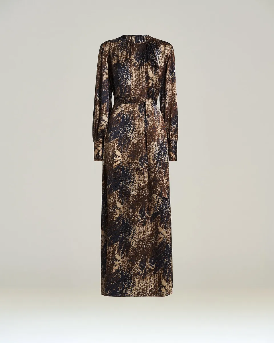 Kiton Seidenkleid Lang Braun Blau Print Größe 40