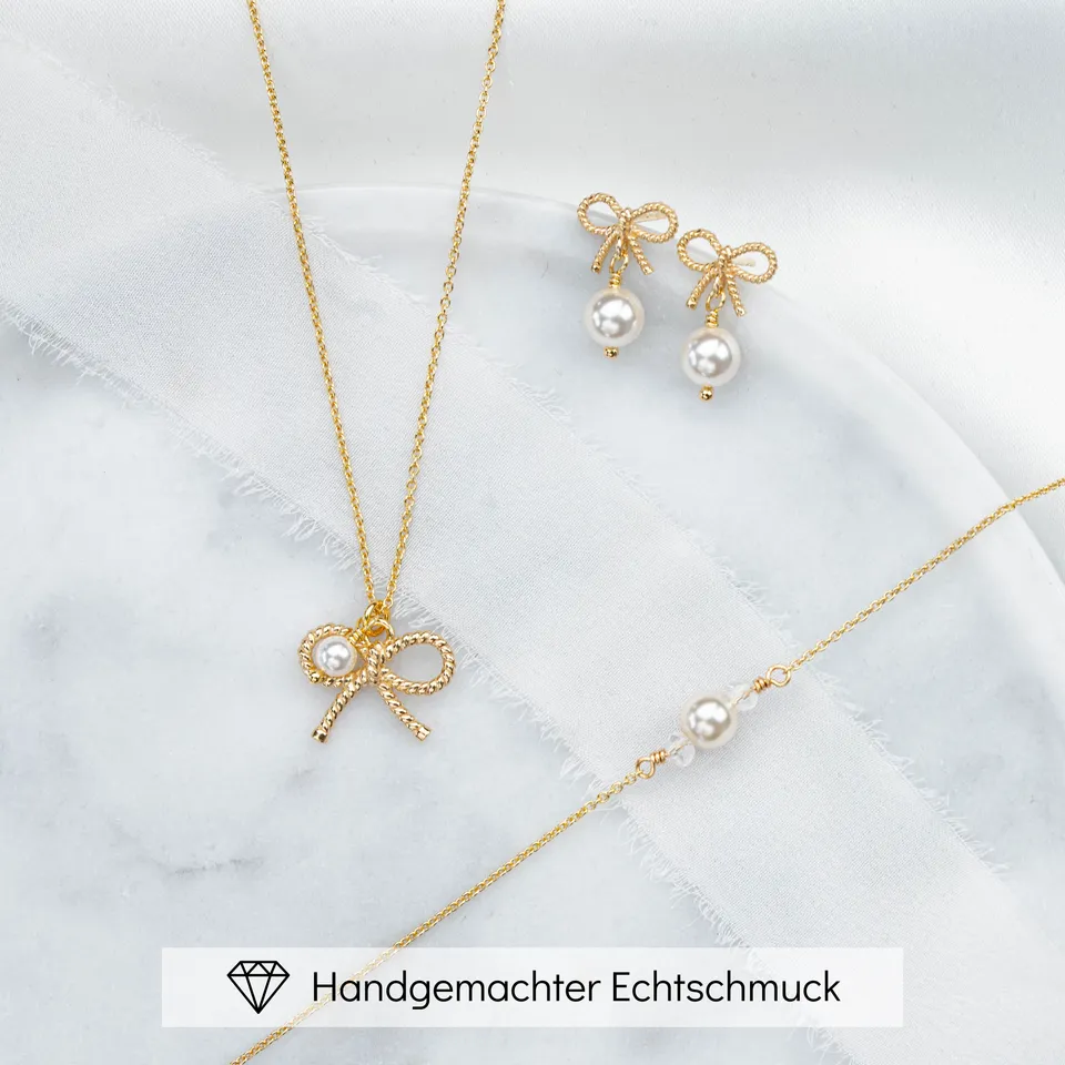 Perlenbräute Pinella Brautschmuck Set Gold mit Schleife Perle