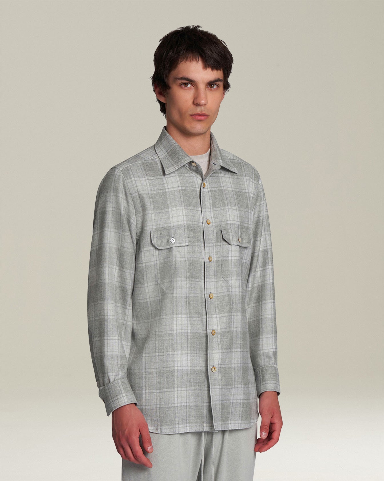 Kiton Shirts Shirt Cashmere Overshirt Hellgrau Karo